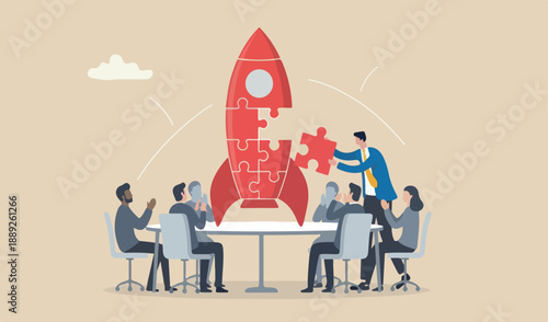 Solve business problem with creativity, finishing or complete brilliant ,solution business concept, smart businessman assemble piece team jigsaw complete red big rocket puzzle