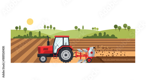 A red tractor plows a furrowed brown field under a sunny sky with green rolling hills in the background, illustrating agricultural work and cultivation.