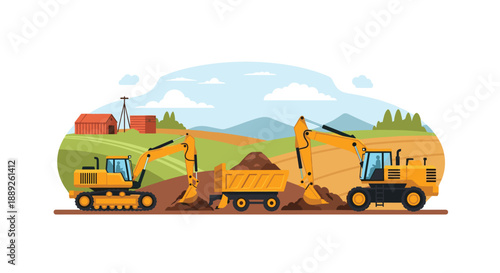 Two yellow excavators dig into a construction site with a dump truck loading soil, set against a backdrop of rolling green hills and a blue sky.