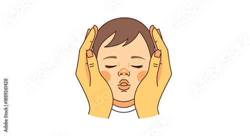 Gentle hands cradle a sleeping baby's face, conveying tenderness, care, protection, and peaceful slumber in a close-up, tender illustration.