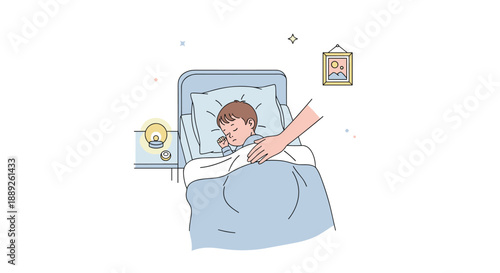 A parent's hand gently rests on a sleeping child tucked in bed, with a nightstand and framed picture, depicting nighttime routine and bedtime comfort.