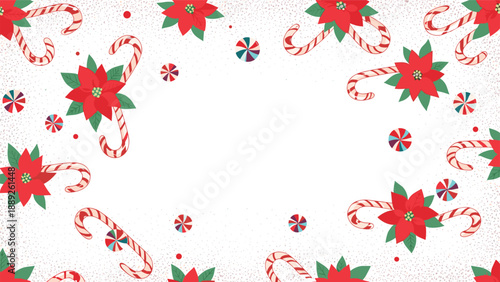 Festive holiday pattern includes bright red poinsettia flowers paired with candy canes and peppermint candies on a snowy field.