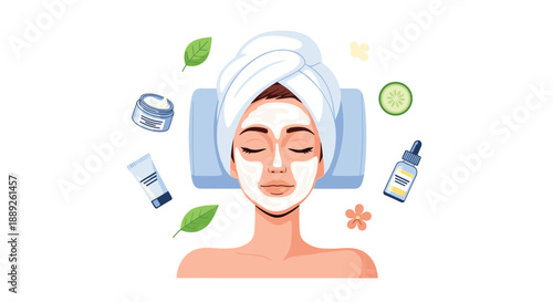 A woman with closed eyes and a towel on her head applies a white face mask, surrounded by skincare products like serum, cream, cucumber slices, and leaves.