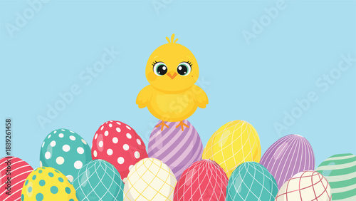 Adorable little yellow chick sits proudly on top of a pile of colorful patterned Easter eggs against a soft blue background.