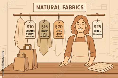 Natural fabrics shop displays various prices and information about organic cotton, hemp, linen, and wool