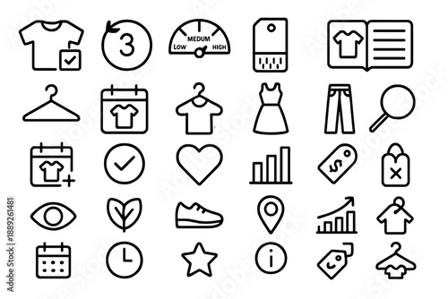 Icons representing laundry and clothing care, including washing symbols, hangers, and tags in a simple layout