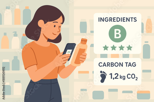 Woman checks product label and carbon tag while shopping for eco-friendly items in a store aisle during daytime