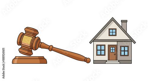Auction gavel resting next to a house, symbolizing real estate auction, property sale, or legal proceedings.