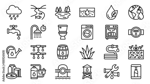 Set of 24 Water Conservation and Management Vector Icons in Minimal Monoline Outline Style. Includes Sustainability, Plumbing, Irrigation, Household Saving, and Environmental Protection Symbols.