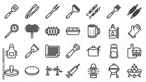 Vector Icon Set of BBQ and Grilling Tools in a Clean Outline Style with Rounded Corners; Includes Spatula, Tongs, Smoker Box, Chimney Starter, Meat Thermometer, Apron, Skewers, and Kettle Grill.