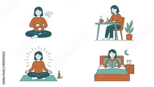Vector Illustration Set of Four Scenes Depicting Mindfulness and Self-Care Routines for Women, Including Meditation, Breathing Exercises, Journaling, and Reading in Bed for Mental Wellness