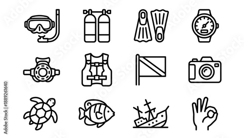 Comprehensive Set of 12 Minimalist Scuba Diving and Snorkeling Line Icons Featuring Gear Like Mask, Snorkel, Oxygen Tanks, Fins, Dive Watch, Regulator, BCD, Flag, Camera, Turtle, Fish, and Shipwreck