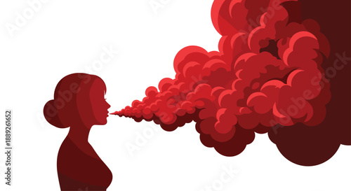 Silhouette of a woman exhaling a large cloud of red smoke, representing emotions, breath, or a dramatic effect.