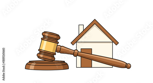 Wooden gavel positioned near a simple house illustration, representing property auctions, legal sales, or real estate law.