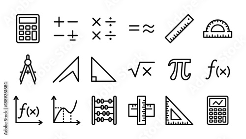 Set of 18 minimalist math and geometry line icons featuring calculator, ruler, protractor, compass, abacus, pi, square root, and function symbols for educational and scientific design projects.