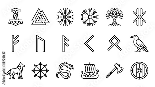 Set of 18 Viking and Norse Mythology Line Icons with Mjolnir, Valknut, Vegvisir, Yggdrasil, Runes, Raven, Wolf, Longship, Axe, and Shield; Minimalist Vector Symbols for Scandinavian and Pagan Art.