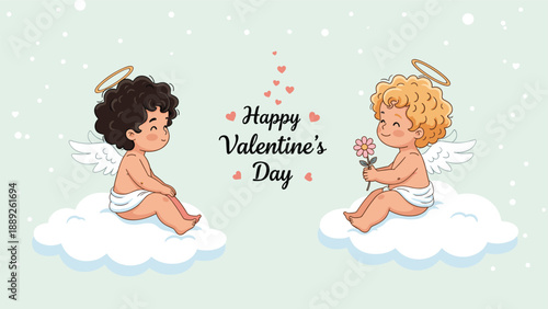 Two adorable cupids with different hair colors sit on soft clouds for Valentines Day while holding a flower and floating hearts.