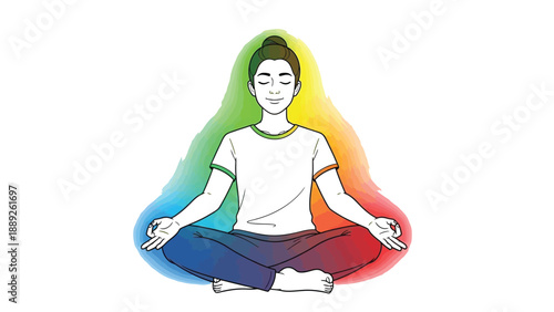 Person meditating peacefully surrounded by glowing vibrant colors representing chakra energy flow
