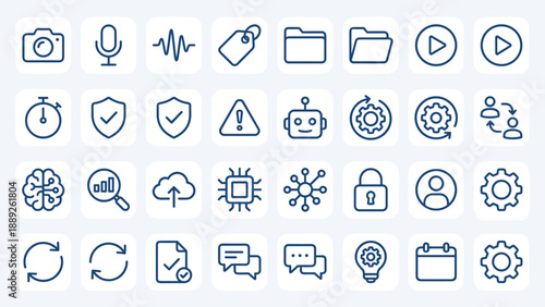 Blue Line Vector Icon Set of 32 AI Data and Automation Agents Icons Featuring Robot Brain Cloud Security Settings and Communication Symbols for Modern Technology Software and Business Interface.