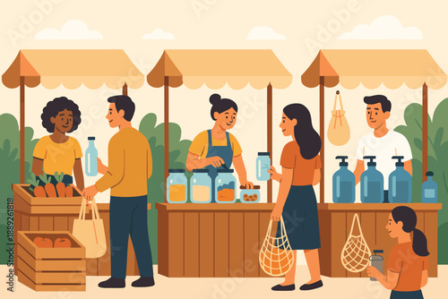 People shopping at a market with food stands and vendors during daytime in a community setting