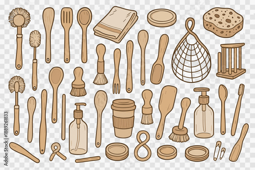 Kitchen tools and utensils arranged on a light background for cooking, cleaning, and serving tasks