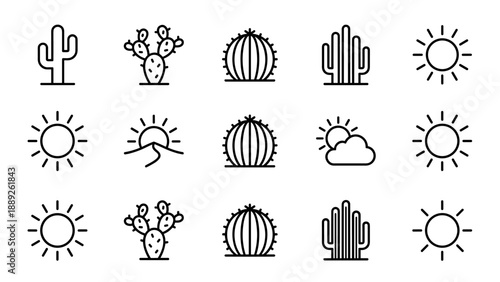 Vector Icon Set of Desert Cactus and Sun Elements in Minimalist Outline Style; Collection of Linear Symbols Including Prickly Pear, Saguaro, Barrel Cactus, Sunbeams, and Sand Dunes on White.