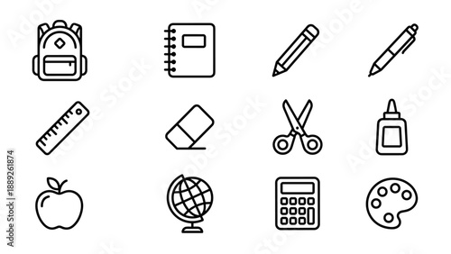 Minimalist School Supplies Vector Icon Set with Backpack, Notebook, Pencil, Pen, Ruler, Eraser, Scissors, Glue, Apple, Globe, Calculator, and Paint Palette in Clean Black Line Art Style.