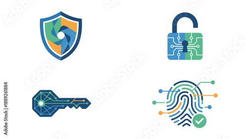Cybersecurity and Data Privacy Icon Set Featuring Shield Protection, Open Padlock with Circuitry, High-Tech Digital Key, and Biometric Fingerprint Scan for Secure Passwordless Login Access