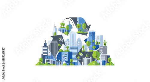 Modern cityscape integrated within a large recycling symbol, showcasing green architecture and urban sustainability with trees and clean design.
