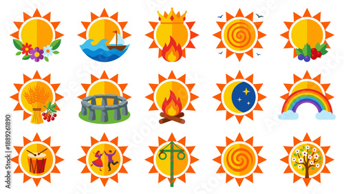 Summer Solstice and Midsummer Festival Vector Icon Set. Vibrant Flat Sun Icons with Symbols of Stonehenge, Campfire, Rainbow, Maypole, Dancing, Wheat, Flowers, and Pagan Celebration Elements.