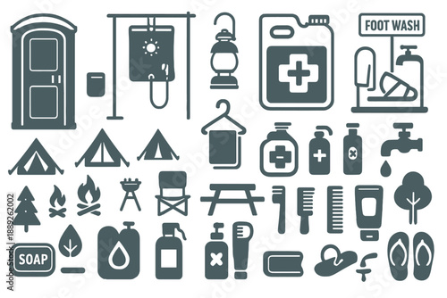Tools and supplies for camping and outdoor activities seen in a simple layout at a campsite during daylight hours