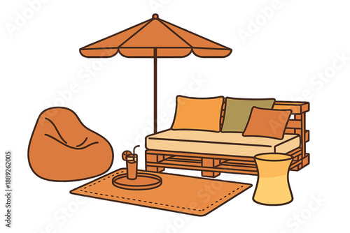 Outdoor seating area with a couch, bean bag, and umbrella on a sunny day