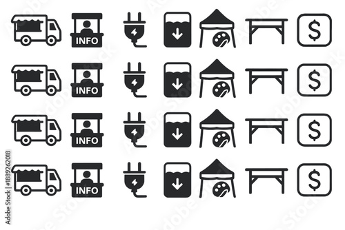 Icons showing information and services related to food trucks, electricity, tents, and tables at an event