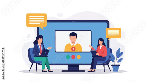 Business professionals attending a remote video conference meeting through a large computer screen display