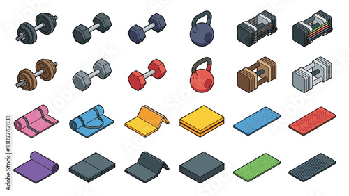 Isometric Fitness and Gym Equipment Icon Set with Dumbbells, Kettlebells, Adjustable Weights, and Yoga Mats in Various Colors and Styles for Workout, Exercise, and Health Design Projects.