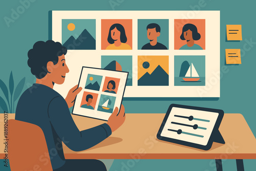 Person looks at pictures while adjusting settings on a tablet in a creative workspace during daytime