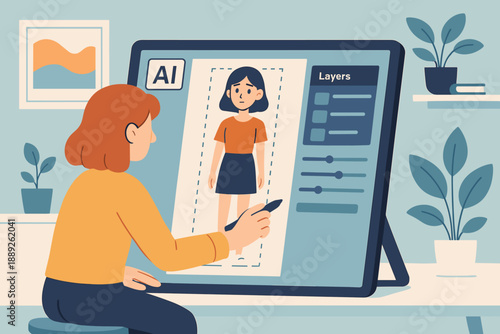 Person designs a character using digital art tools on a tablet in a cozy workspace with plants and warm colors