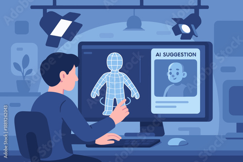 Creating a digital character model with AI suggestions in a modern workspace during daylight hours