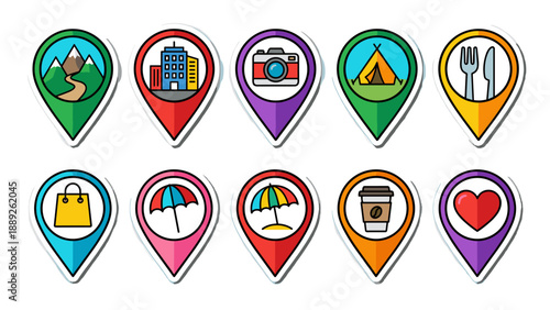 Set of 10 Unique Map Pin Icons in a Vibrant Sticker Style for Travel and Navigation. Features Colorful Symbols for Mountains, City, Camera, Camping, Dining, Shopping, Beach, Coffee, and Favorites.