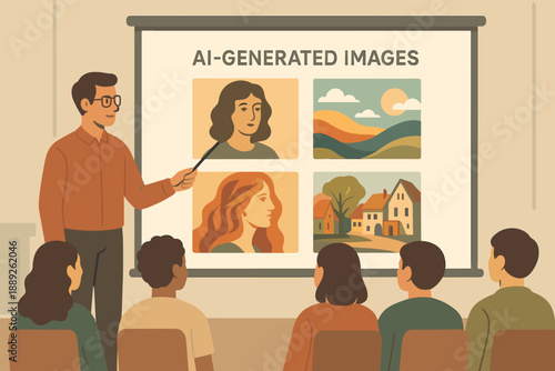 Wallpaper Mural Person pointing at a screen showing AI-generated images during a presentation in a classroom setting Torontodigital.ca