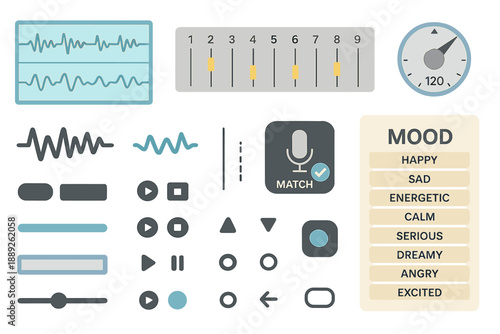 Visual elements for sound design showing waveforms, buttons, and a mood tracker for audio projects in a modern style