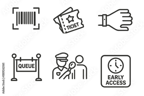 Ticket check and queue setup at an event with early access and security present during peak hours