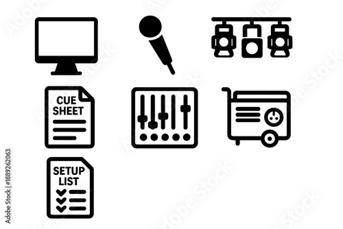 Setup for a live event with equipment and planning documents on display in a work area