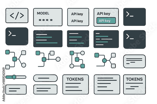 Several icons and text boxes focused on API keys, models, tokens, and code representation in a technology-themed layout