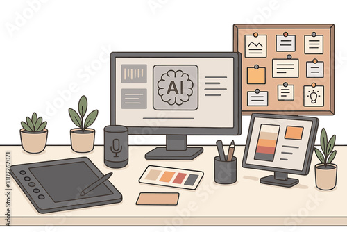 Workspace with computer and digital tools for creative design projects in a cozy setting during daytime hours