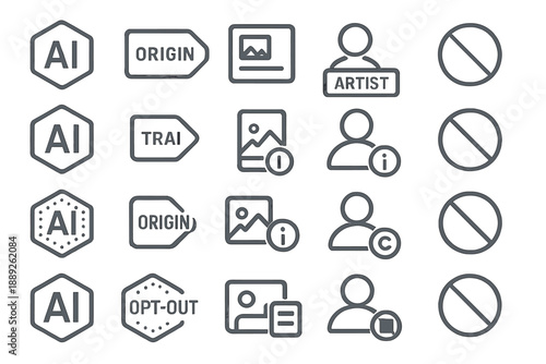 Icons representing artificial intelligence with labels indicating origin, artist, information, and opt-out options for usage