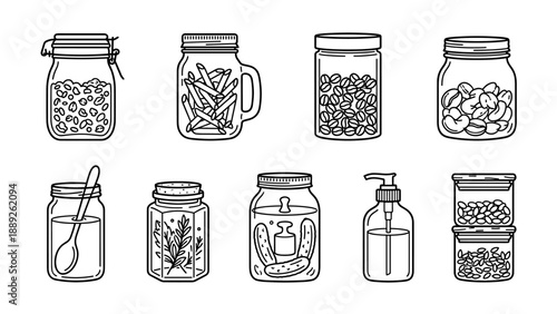 Minimalist Line Art Vector Set of 9 Zero Waste Glass Jar Icons for Sustainable Living and Pantry Organization; Includes Containers for Pasta, Coffee Beans, Nuts, Pickles, Soap, and Dried Herbs.