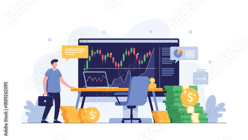 Professional male trader stands at his workspace looking at multiple monitors displaying financial data and stacks of gold coins.