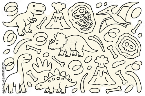 Dinosaurs, volcanoes, and fossils create a fun scene in a kid's drawing about prehistoric times and natural history