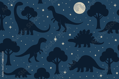 Dinosaurs roam under a night sky filled with stars and a moon in a colorful design